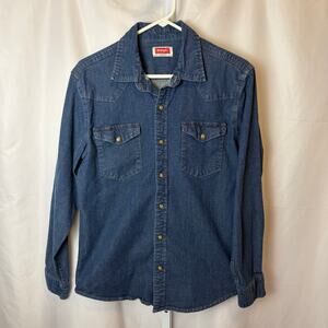 Wrangler Mens Pearl Snap Button Denim Shirt Western Blue Size M Cowboy Rodeo